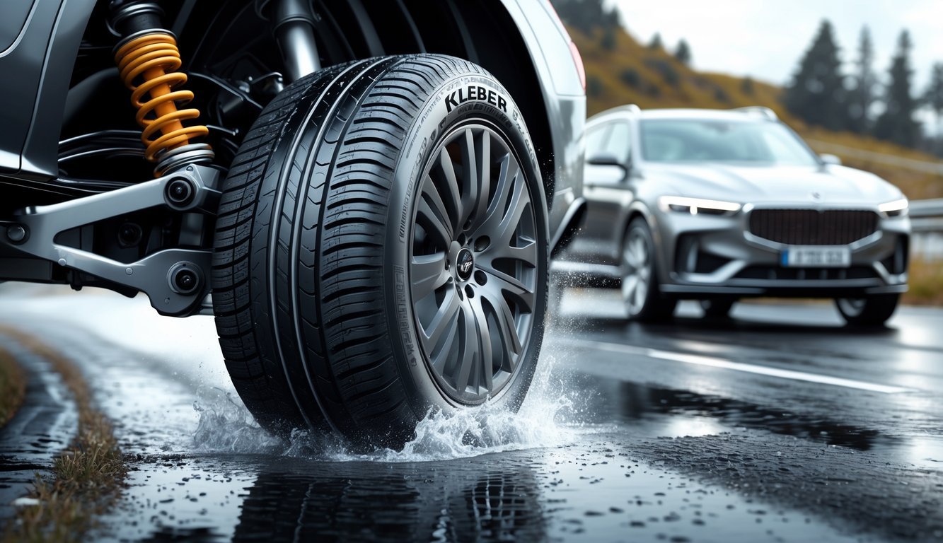 Prikaz automobilske gume Kleber na mokroj cesti s vidljivim dijelovima ovjesa i automobilom koji sigurno vozi zavojitu cestu.