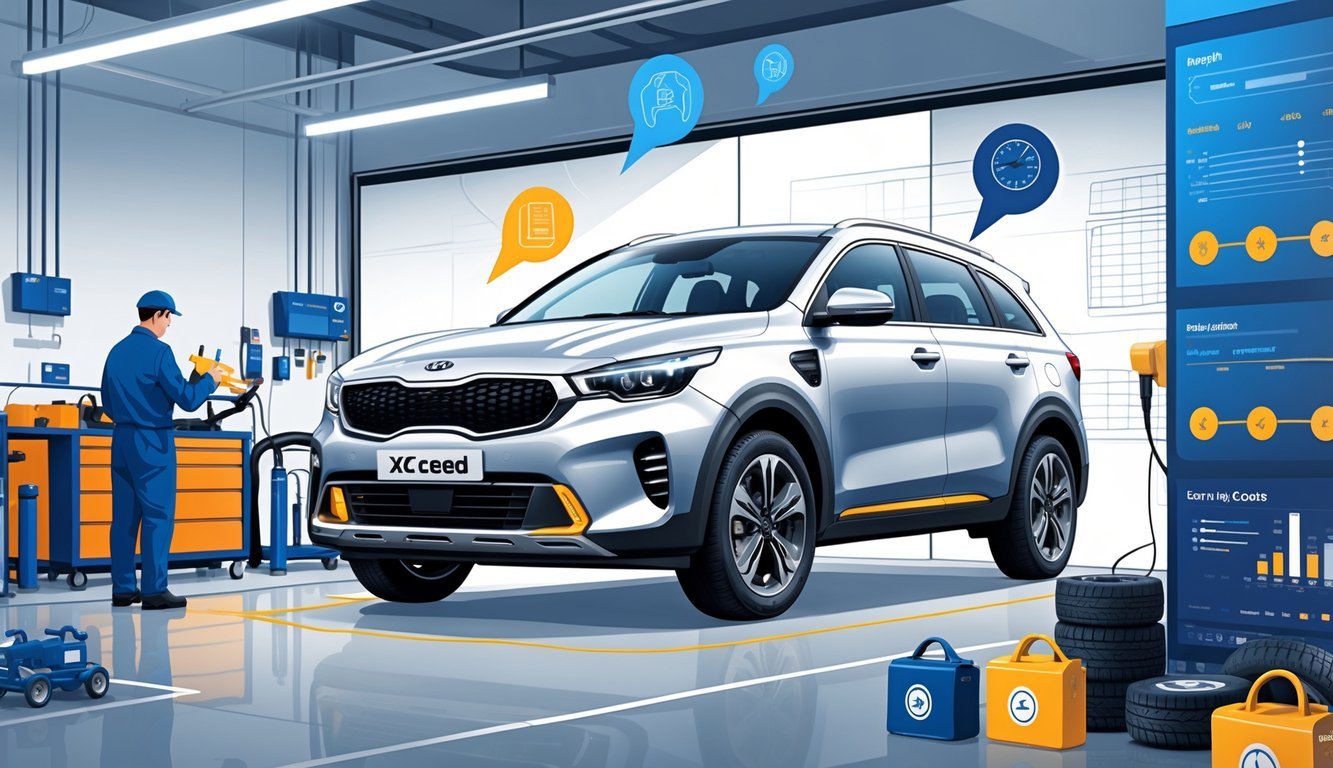 Ilustracija Kia XCeed automobila s prikazom mehaničkih dijelova, mehaničara u radionici i grafičkim prikazom troškova servisa.