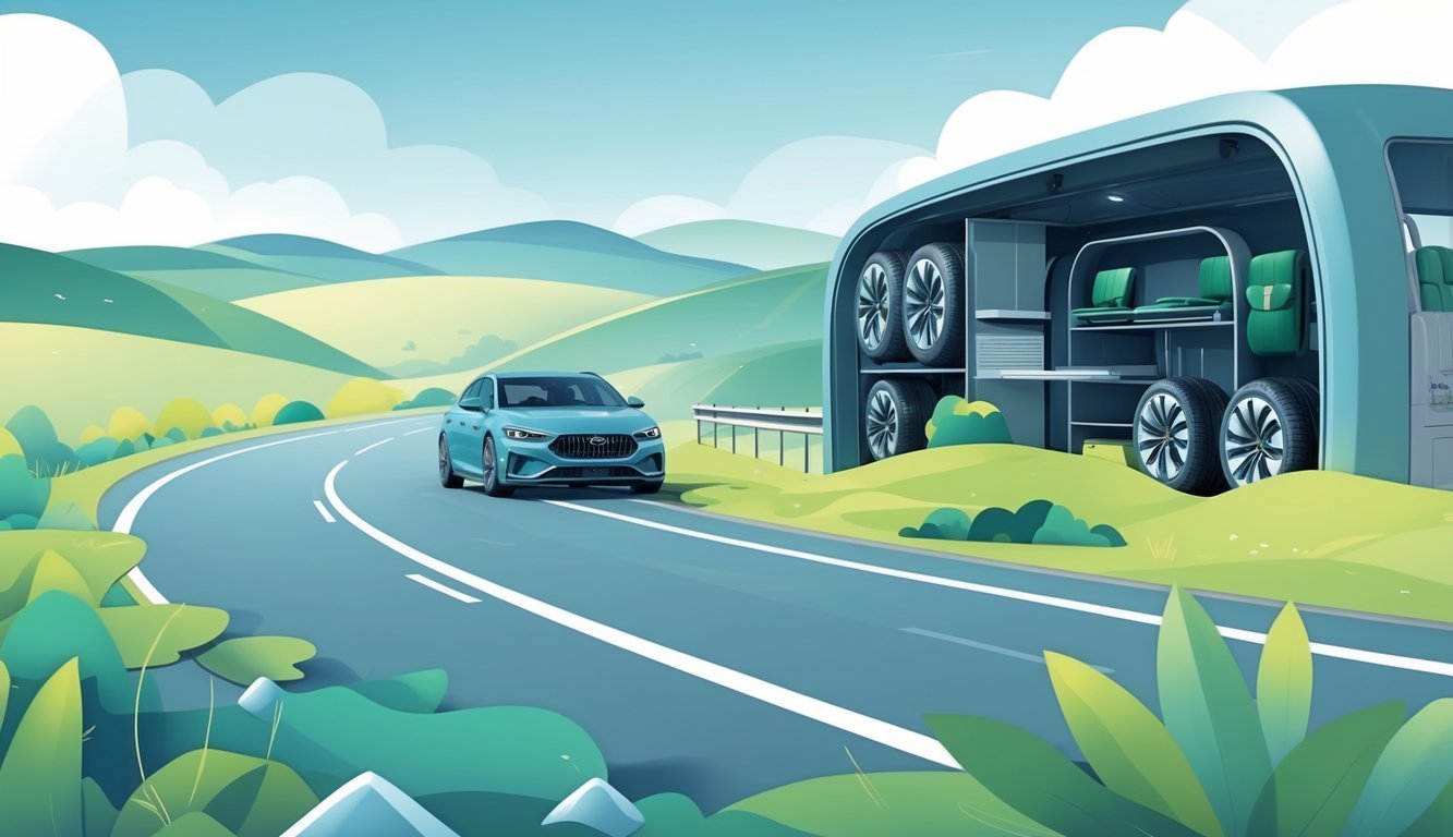 Automobil na otvorenoj cesti s prostranim i udobnim unutrašnjim prostorom, okružen prirodom i brdima.