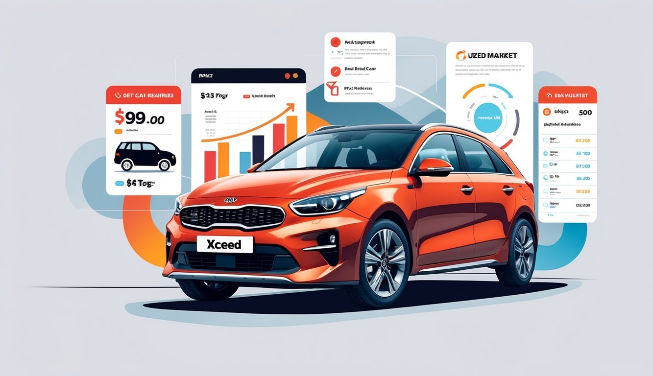 Kia XCeed automobil prikazan s elementima koji simboliziraju cijene, opremu i tržište rabljenih vozila.