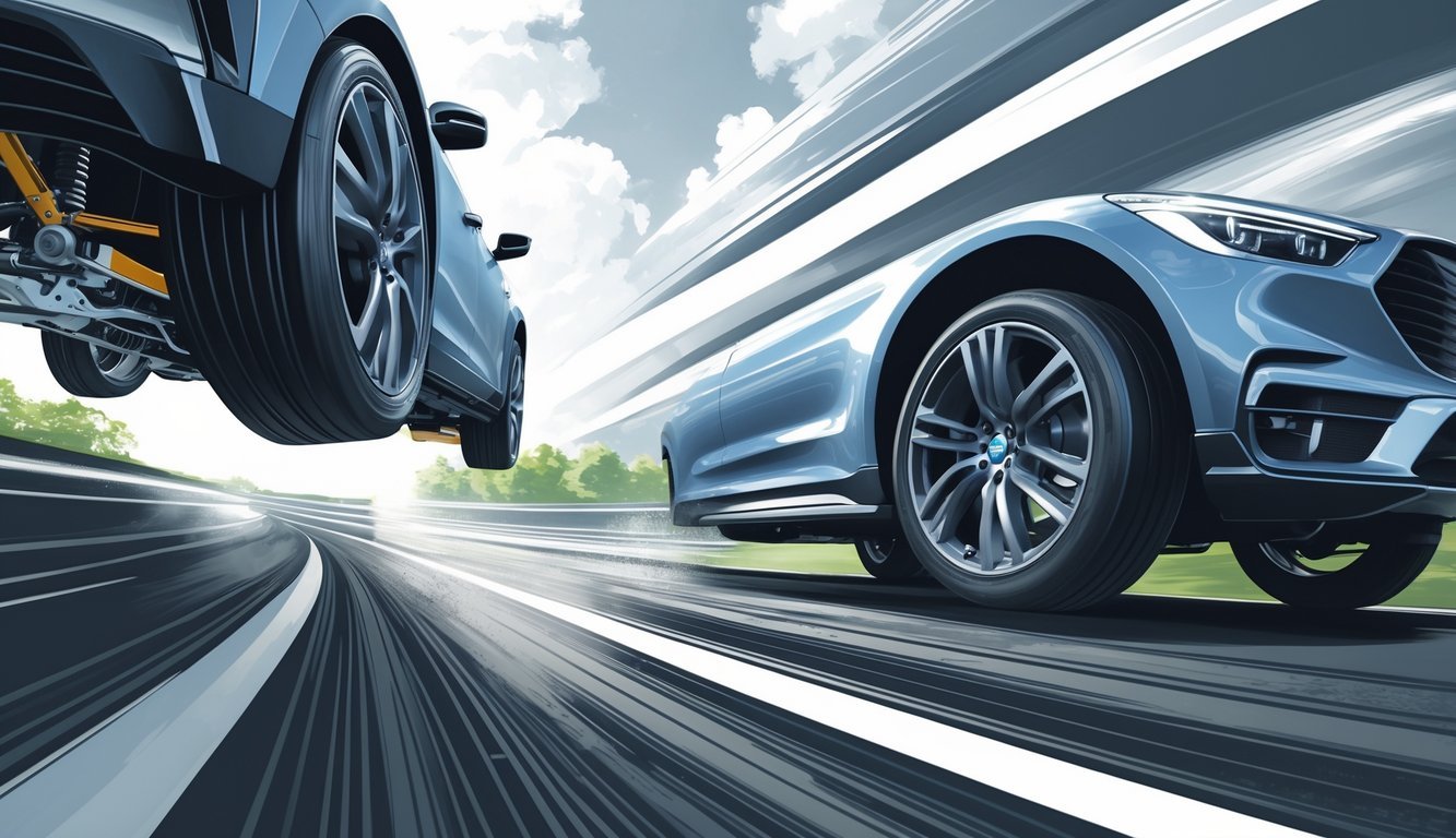 Automobil u pokretu na zavojitoj cesti s vidljivim dijelovima ovjesa i gumama koje dobro prianjaju uz cestu.