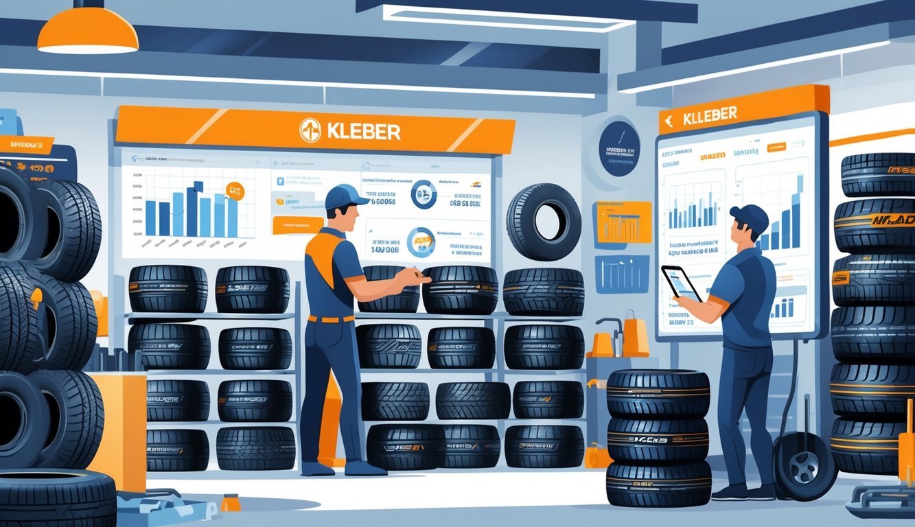 Prodavač pomaže kupcu u trgovini s rabljenim Kleber gumama, s policama punim guma i prikazom cijena i opreme u pozadini.