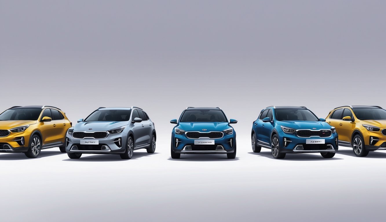 Više modernih kompaktnih crossover SUV vozila postavljenih jedno do drugog, s naglaskom na Kia XCeed, na neutralnoj pozadini.