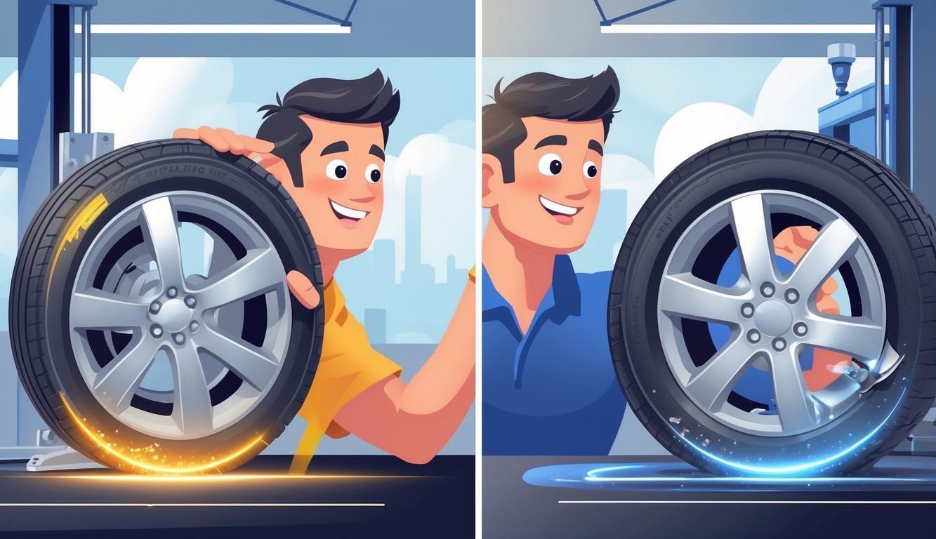 Vlasnik automobila koji s jedne strane zadovoljno pregledava gumu na vozilu, a s druge zabrinuto gleda oštećenu gumu u radionici za održavanje automobila.