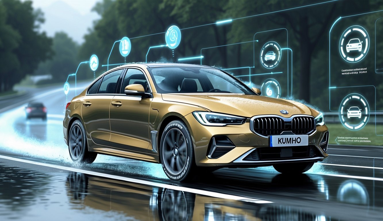 Automobil na mokroj cesti s naglaskom na gume i prikazom sigurnosnih sustava pomoći vozaču.