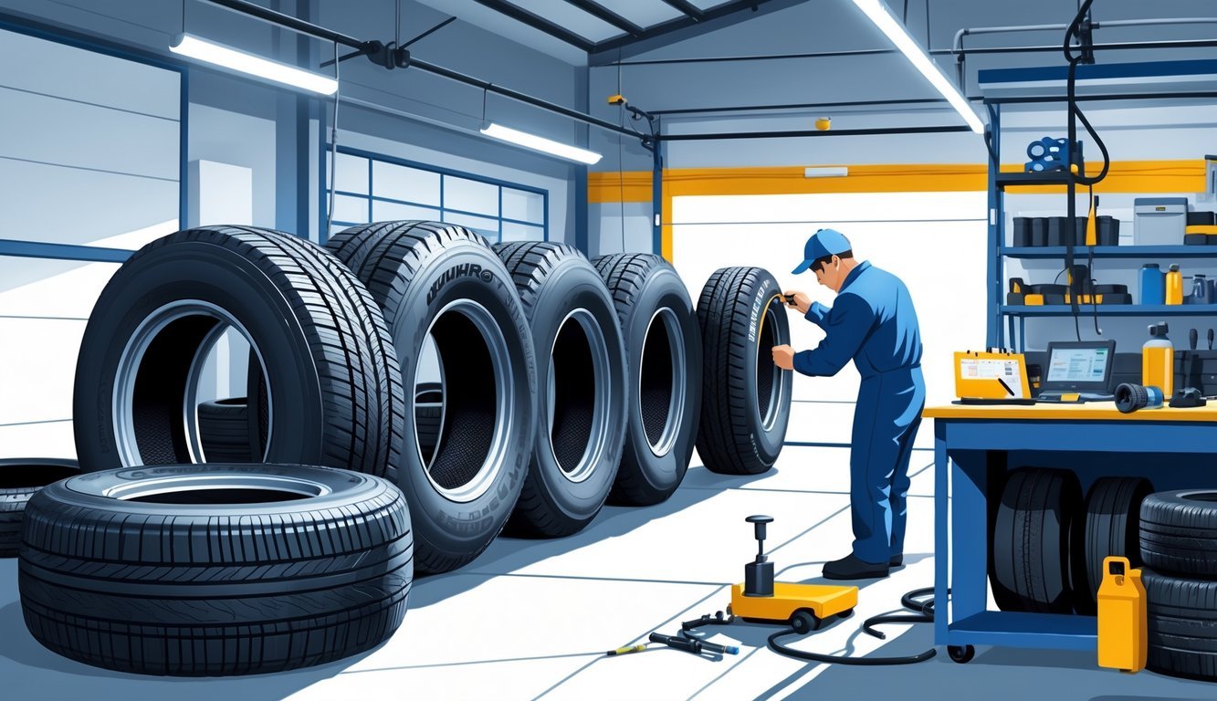 Mehaničar pregledava gumu Kumho u radionici s prikazom oštećenja gume i alatima za servis.