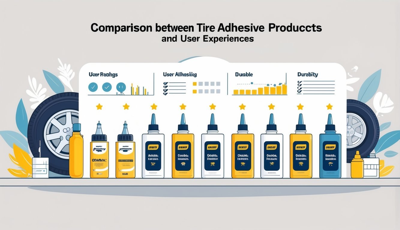 Prikaz usporedbe različitih proizvoda za lijepljenje guma s grafičkim prikazima ocjena i iskustava korisnika.