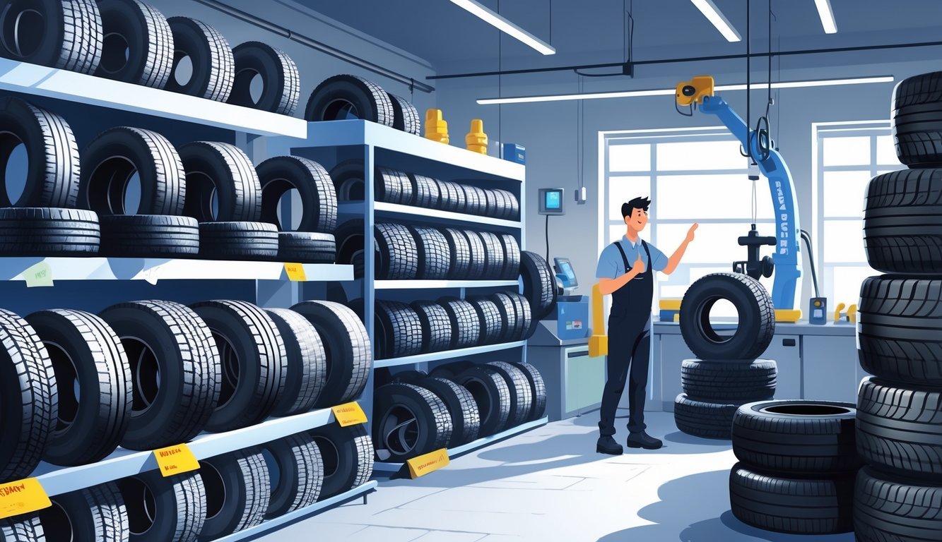 Prodavaonica guma s policama na kojima su Kumho rabljene gume, prodavač pomaže kupcu, a u pozadini se vidi oprema za gume.