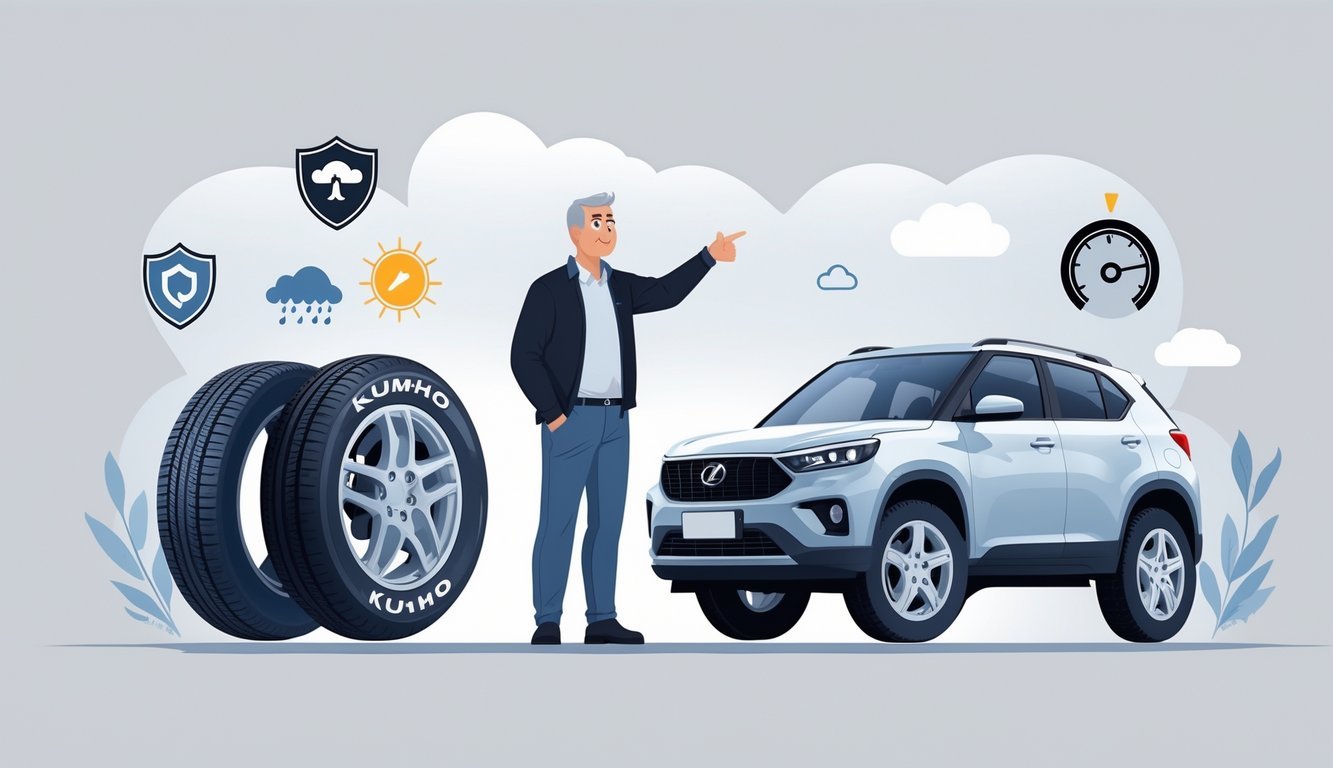 Muškarac stoji pored automobila i pokazuje na gume dok objašnjava njihove prednosti i mane.