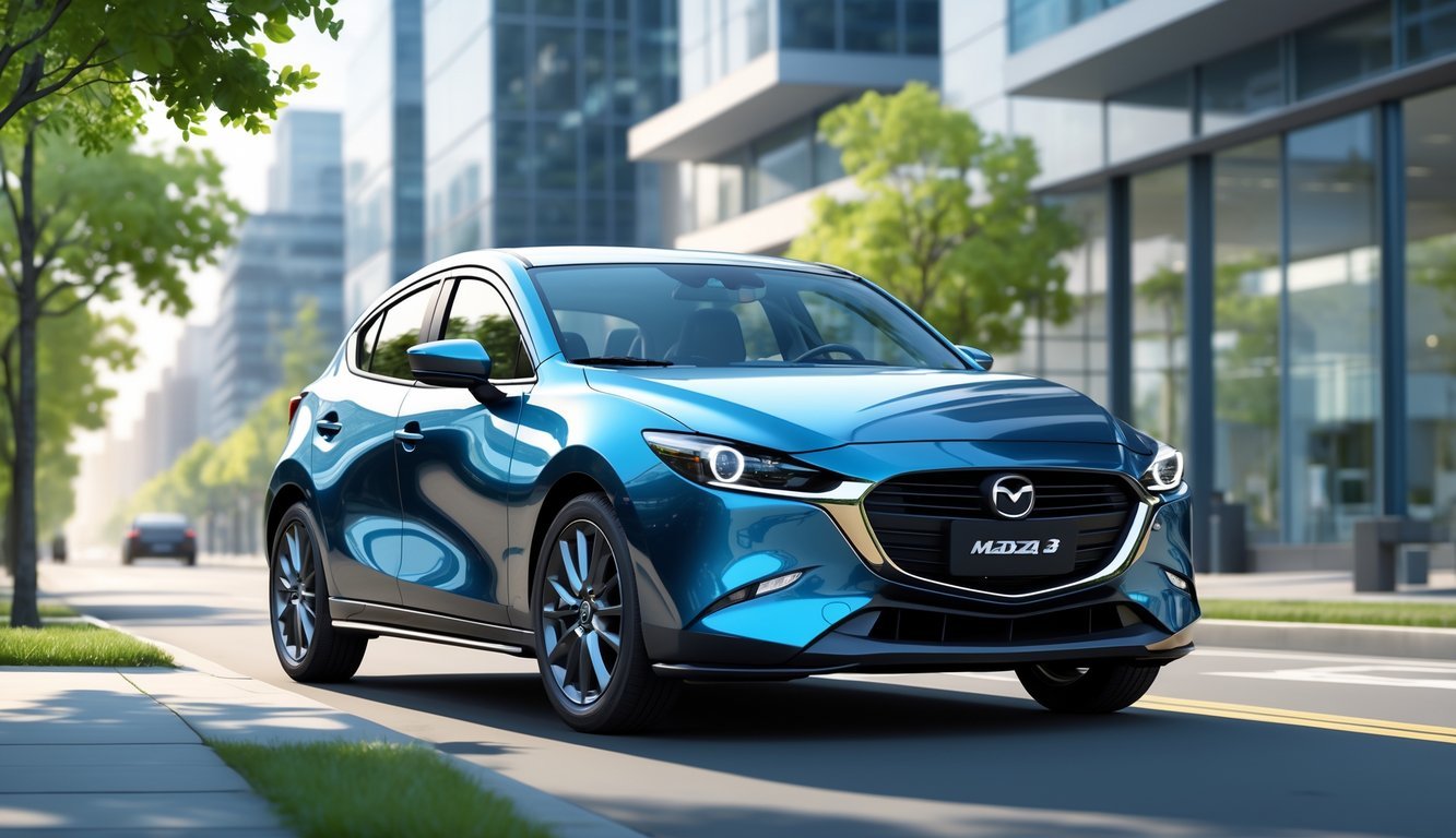 Mazda 3 parkiran na gradskoj ulici s modernim zgradama i drvećem u pozadini.