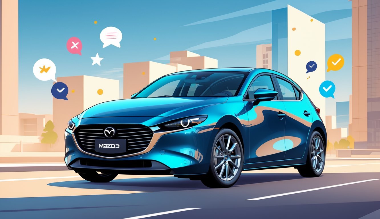 Moderna Mazda 3 na gradskom ulici s ikonama koje simboliziraju korisnička iskustva i recenzije.