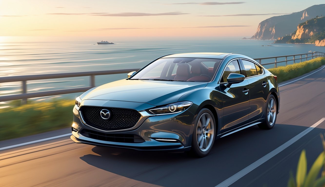 Mazda 6 na obalnoj cesti s morem i zelenilom u pozadini.