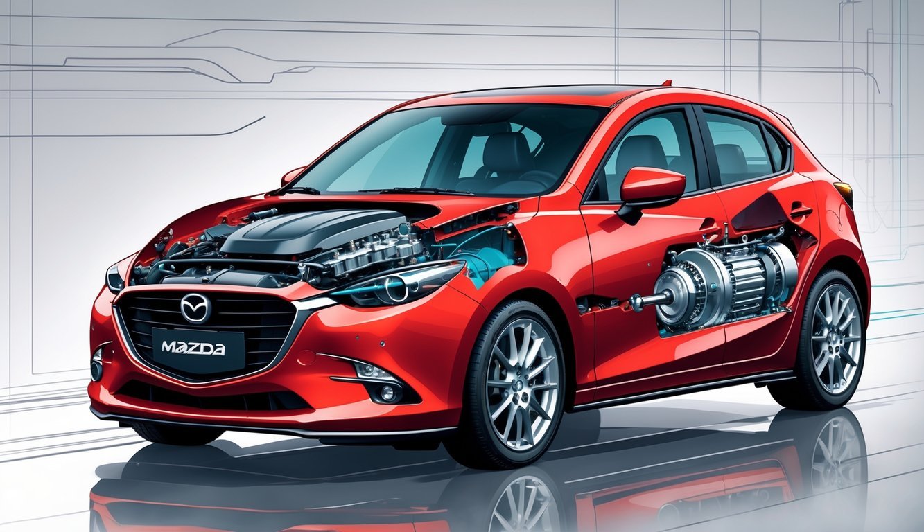 Prikaz unutarnjeg motora i mjenjača automobila Mazda 3 s naglaskom na performanse.