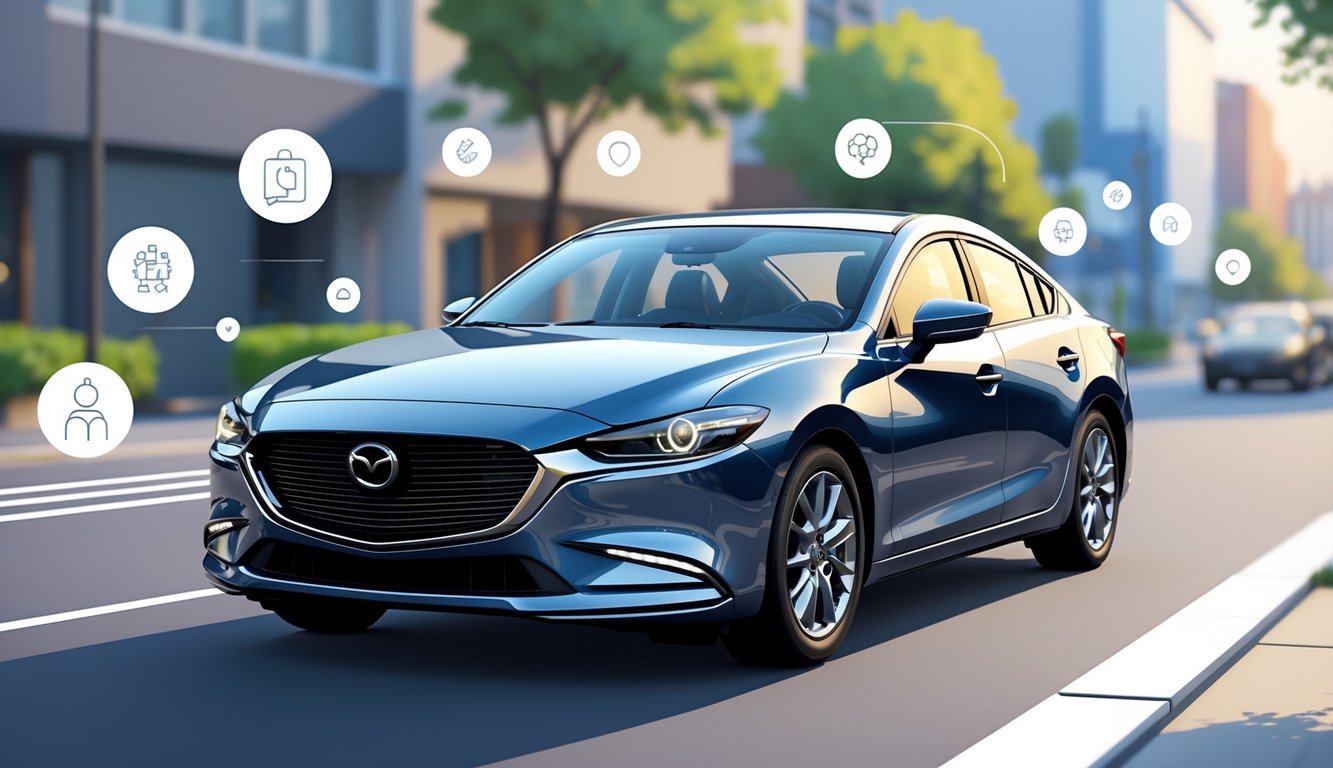 Mazda 6 automobil parkiran na gradskoj ulici s prikazom gradskih zgrada i zelenila u pozadini.