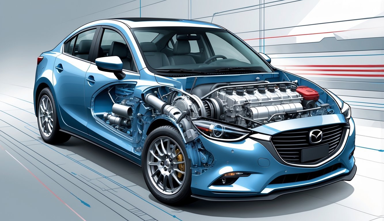 Prikaz motora, performansi i mjenjača automobila Mazda 6 s prikazom unutarnjih dijelova i mehaničkih elemenata.