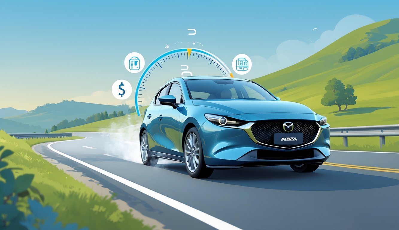 Mazda 3 automobil na cesti s prikazom simbola potrošnje goriva i troškova vožnje.