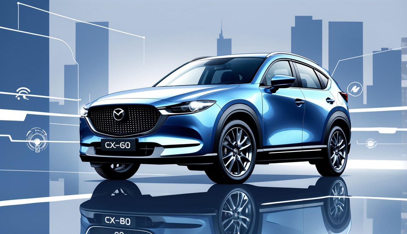 Mazda CX-60 automobil prikazan iz tri četvrtine sprijeda na reflektirajućoj površini s gradskim pejzažem u pozadini.