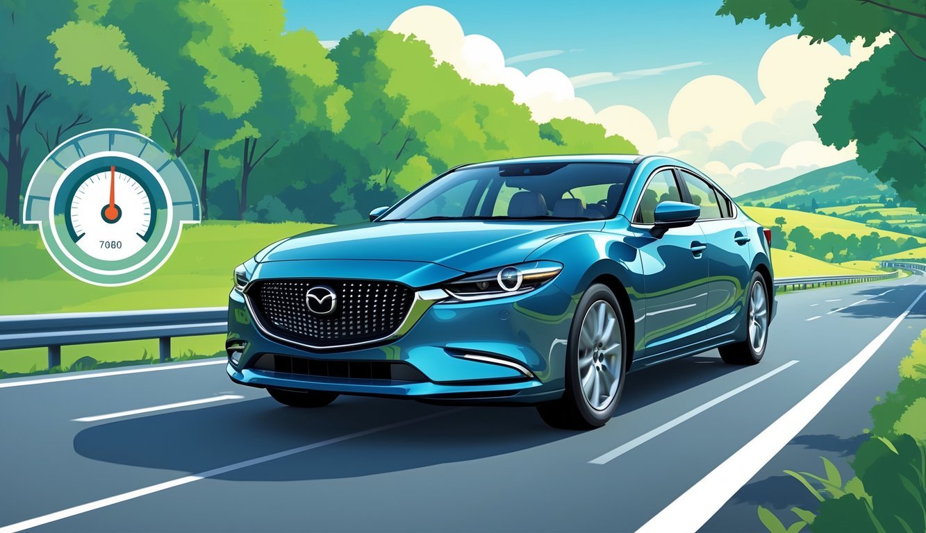 Mazda 6 automobil koji vozi cestom okružen zelenim drvećem i plavim nebom, uz prikaz grafičkih elemenata za potrošnju goriva i ukupne troškove vožnje.