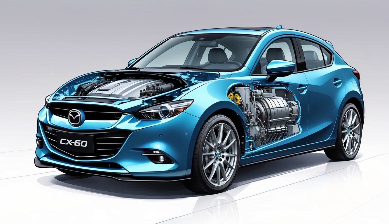 Prikaz unutarnjih dijelova motora, performansi i mjenjača automobila Mazda CX-60.