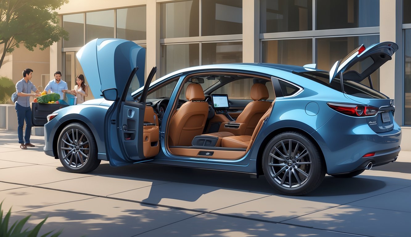 Prikaz Mazde 6 s otvorenim vratima koja pokazuju prostranu i udobnu unutrašnjost, s osobama koje koriste automobil u svakodnevnim situacijama.