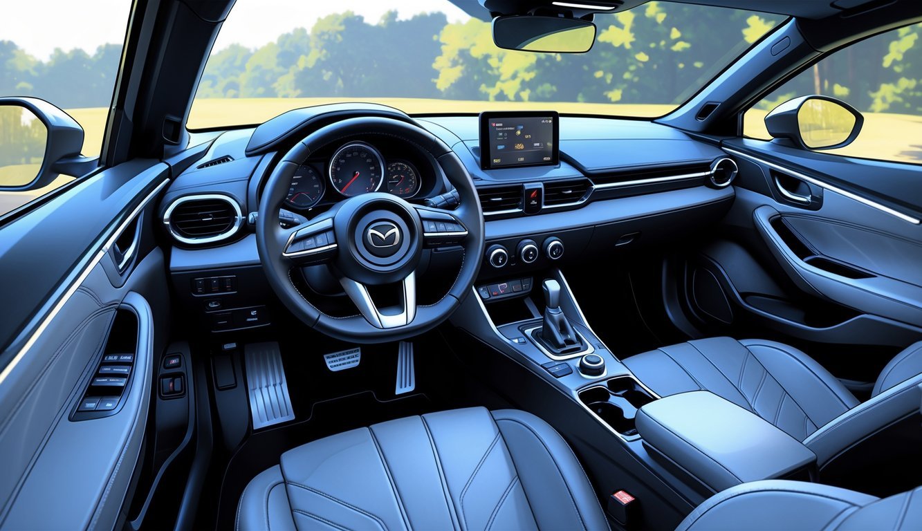 Unutrašnjost Mazde 3 s prikazom upravljača, infotainment ekrana i kvalitetnih materijala u kabini automobila.