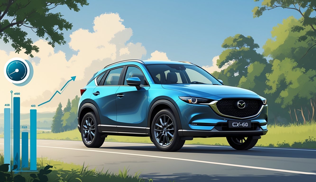 Mazda CX-60 parkiran na cesti u prirodnom okruženju s grafičkim prikazima potrošnje goriva i troškova vožnje.