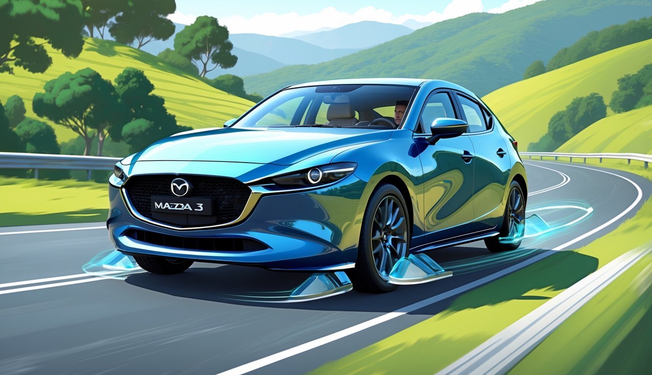 Mazda 3 na vijugavoj cesti okruženoj zelenilom i brežuljcima, s prikazom unutrašnjosti i dijelova ovjesa.