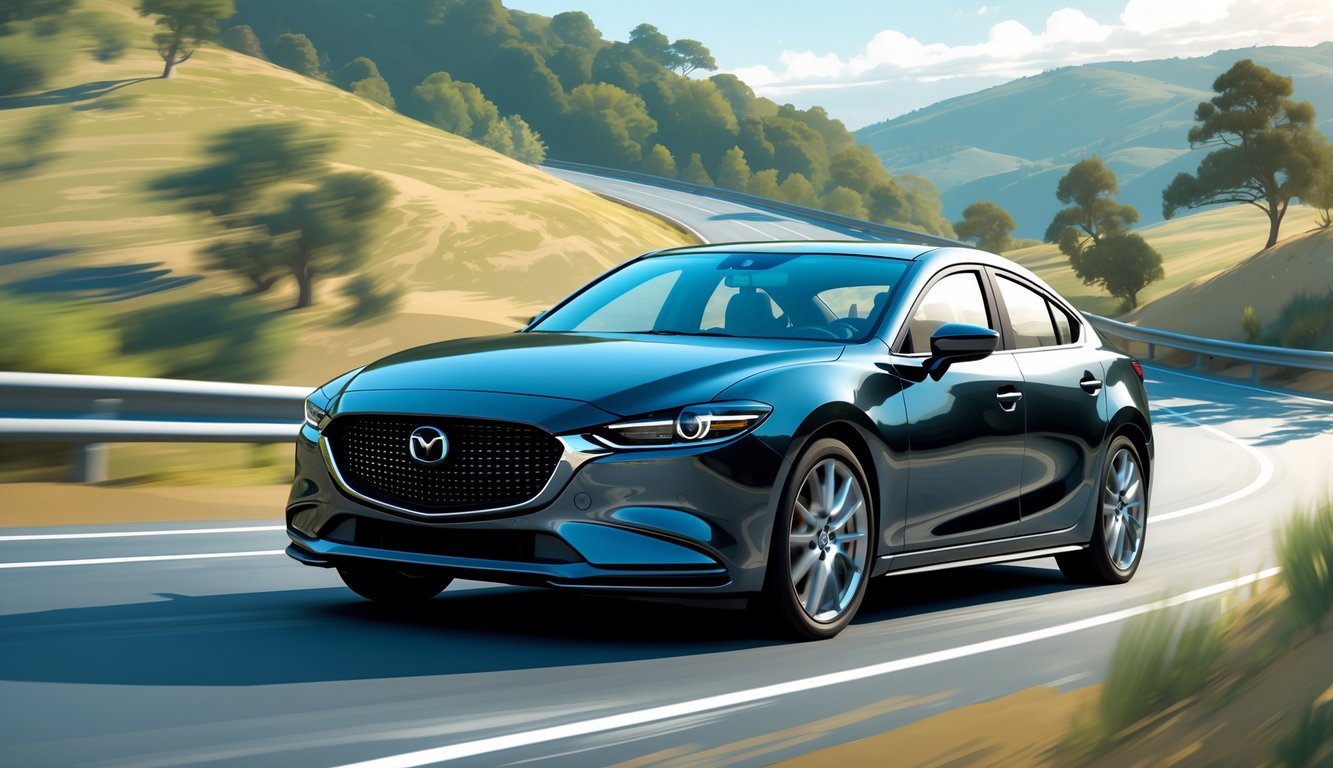 Mazda 6 na zavojitoj cesti s brežuljcima u pozadini, prikazana u pokretu s naglaskom na stabilnost i udobnost vožnje.