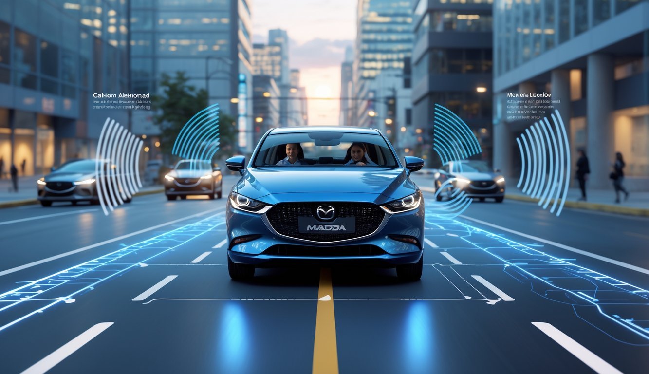 Mazda 3 na gradskoj cesti s istaknutim senzorima i prikazom sigurnosnih sustava i pomoći vozaču.