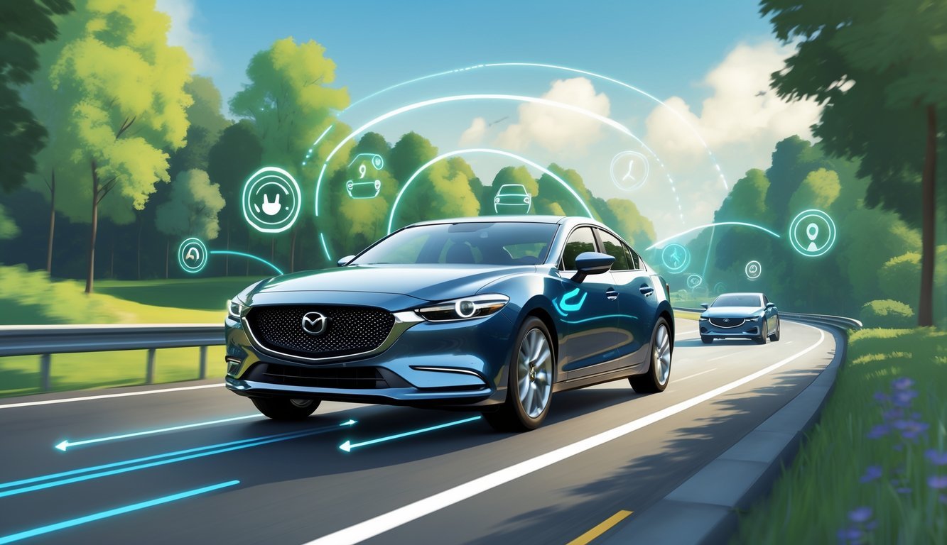 Mazda 6 automobil na autocesti okružen zelenim drvećem, s prikazom sigurnosnih sustava i pomoći vozaču.