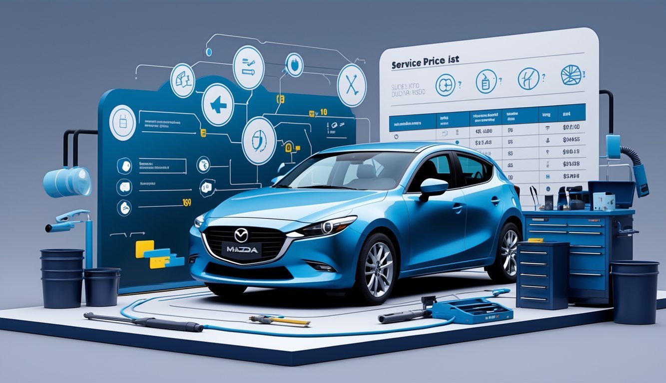 Mazda 3 automobil okružen ikonama koje prikazuju uobičajene kvarove, mehaničara koji popravlja auto i elementima koji simboliziraju troškove servisa.