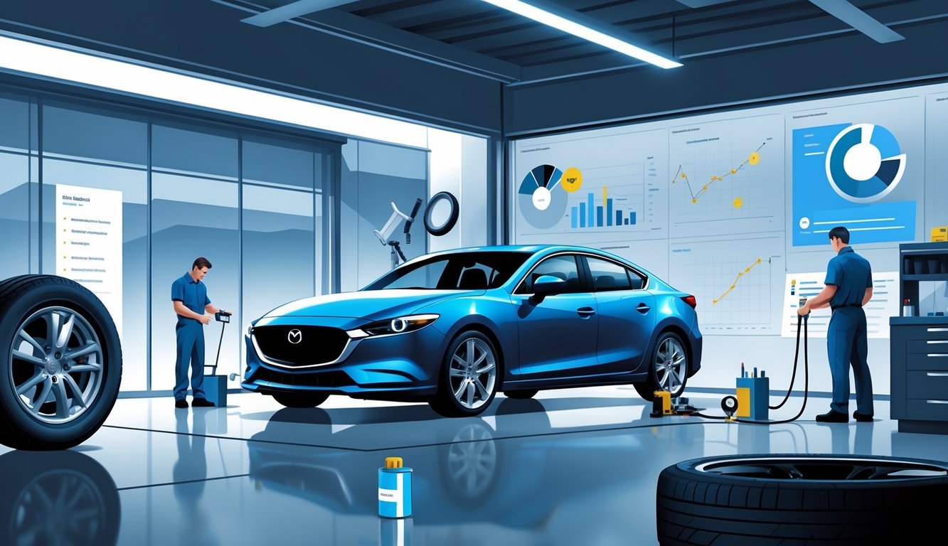 Mazda 6 parkiran u servisu automobila dok mehaničari pregledavaju vozilo uz prikaz simbola tipičnih kvarova i grafikona troškova servisa.