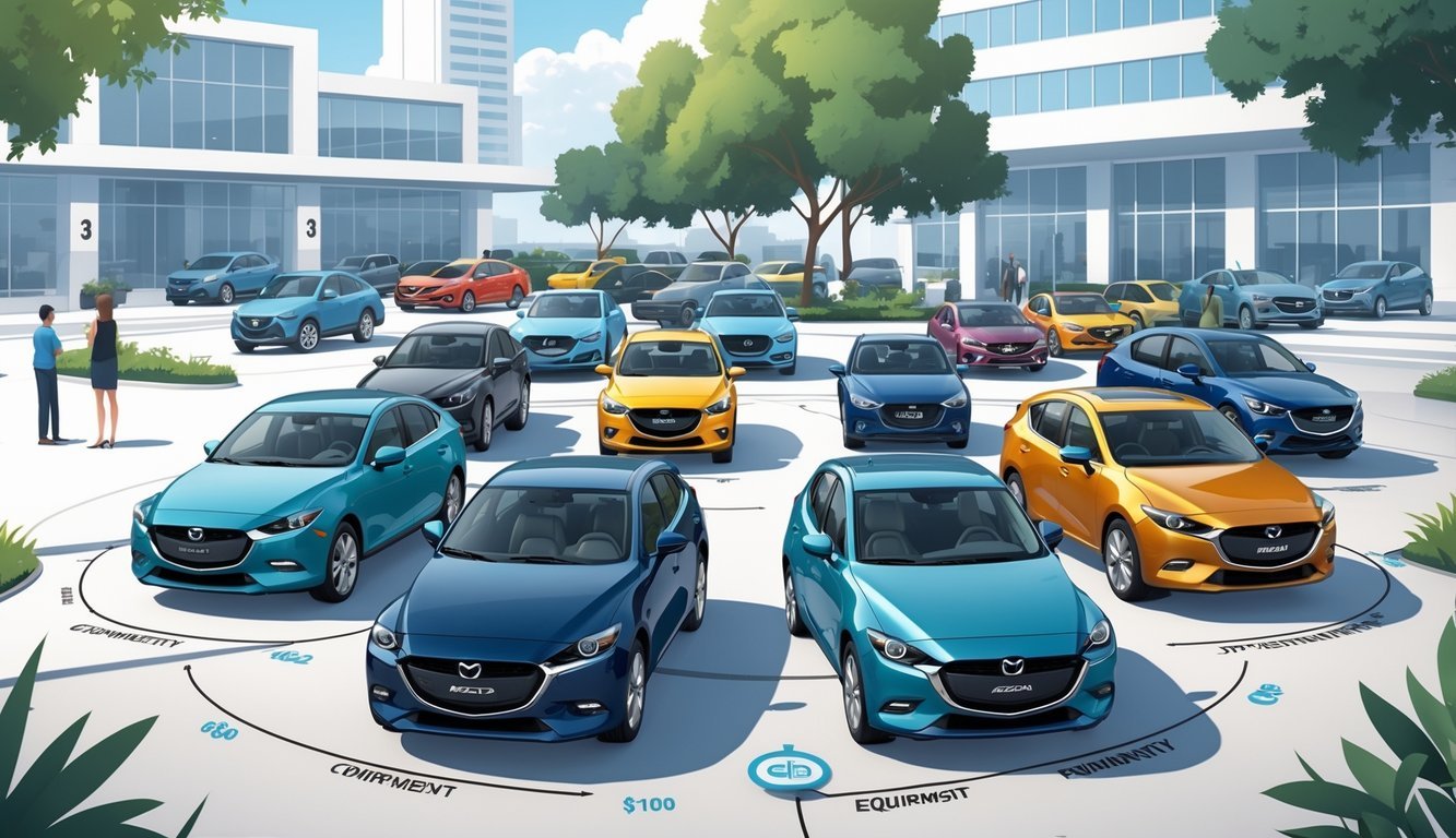 Prikaz nekoliko rabljenih Mazda 3 automobila u izložbenom prostoru s ljudima koji ih pregledavaju i simbolima opreme i cijena.