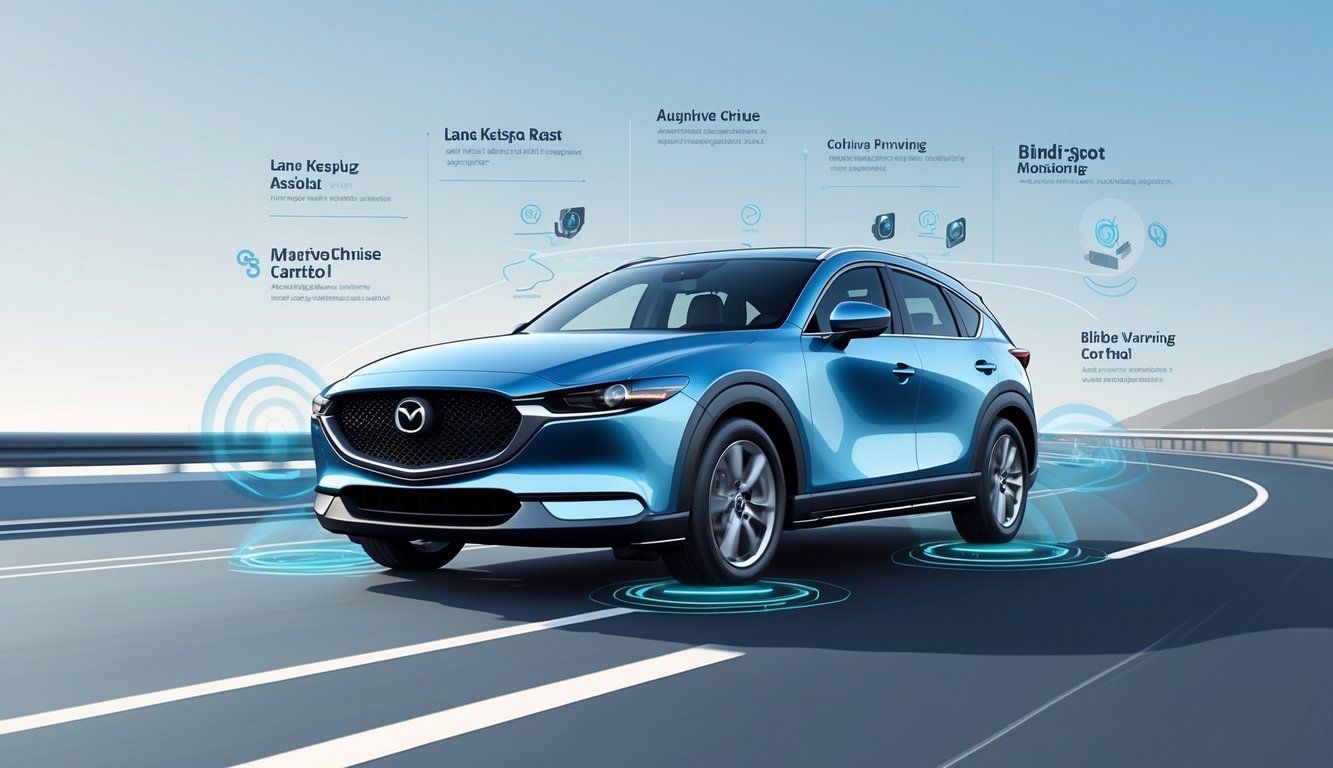 Mazda CX-60 na cesti s prikazom senzora i sustava pomoći vozaču.