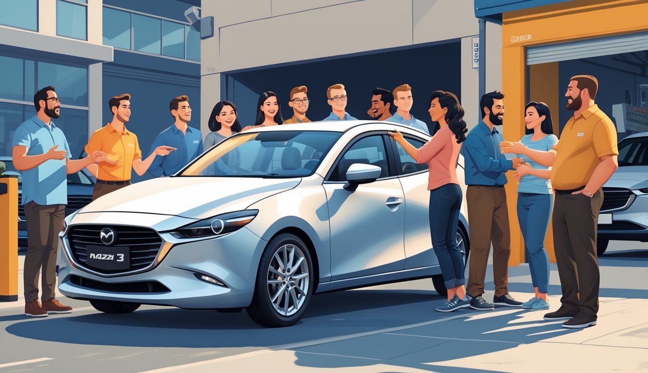 Grupa vlasnika automobila stoji oko Mazda 3 i razgovara o svojim iskustvima s vozilom.