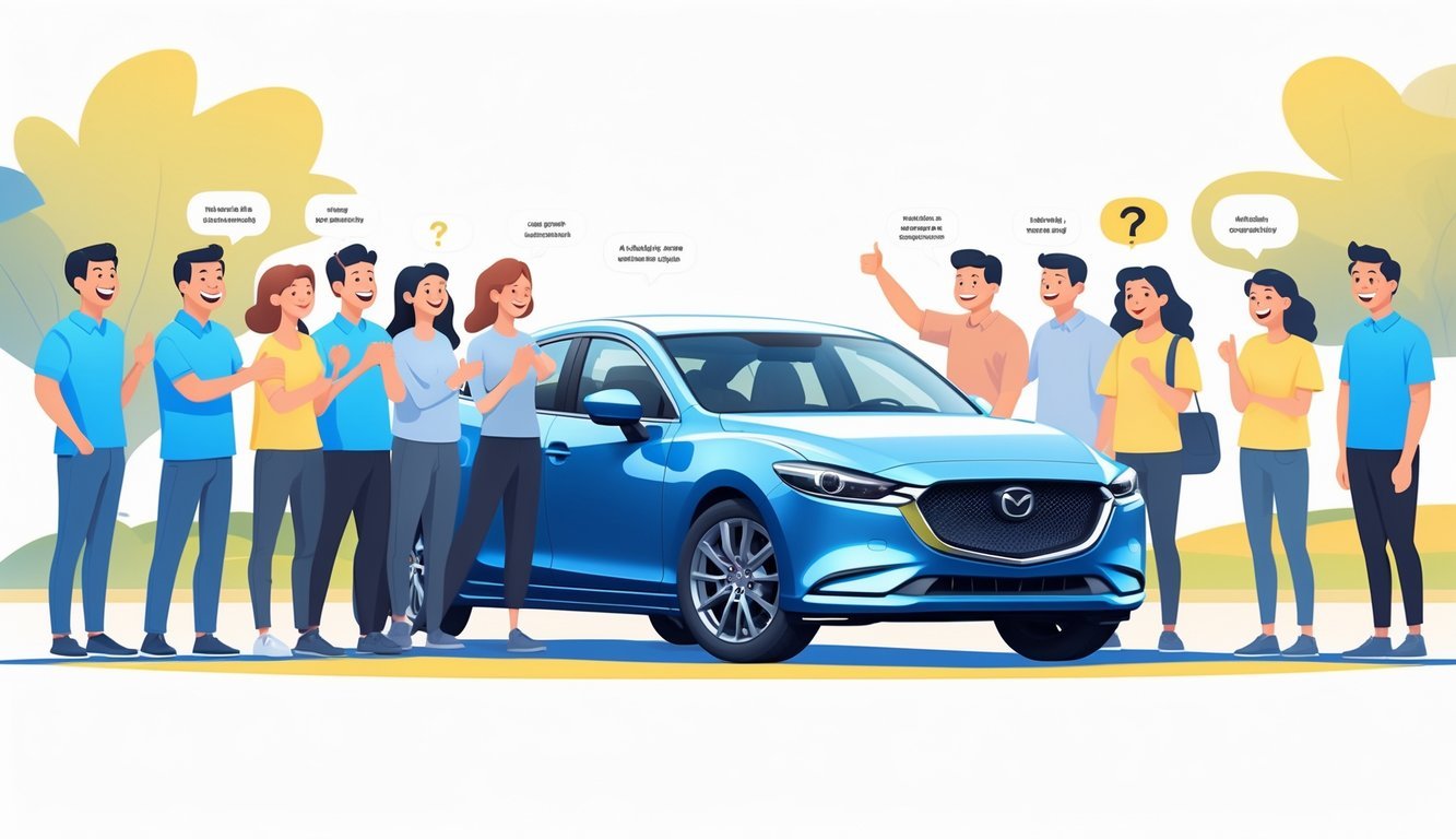 Grupa ljudi stoji uz Mazda 6 automobil, s jedne strane prikazujući pozitivna iskustva, a s druge strane prikazujući nedostatke vozila.