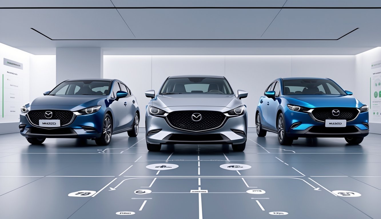 Prikaz nekoliko automobila u suvremenom izložbenom prostoru, s Mazdom 3 u središtu i drugim konkurentskim modelima oko nje.