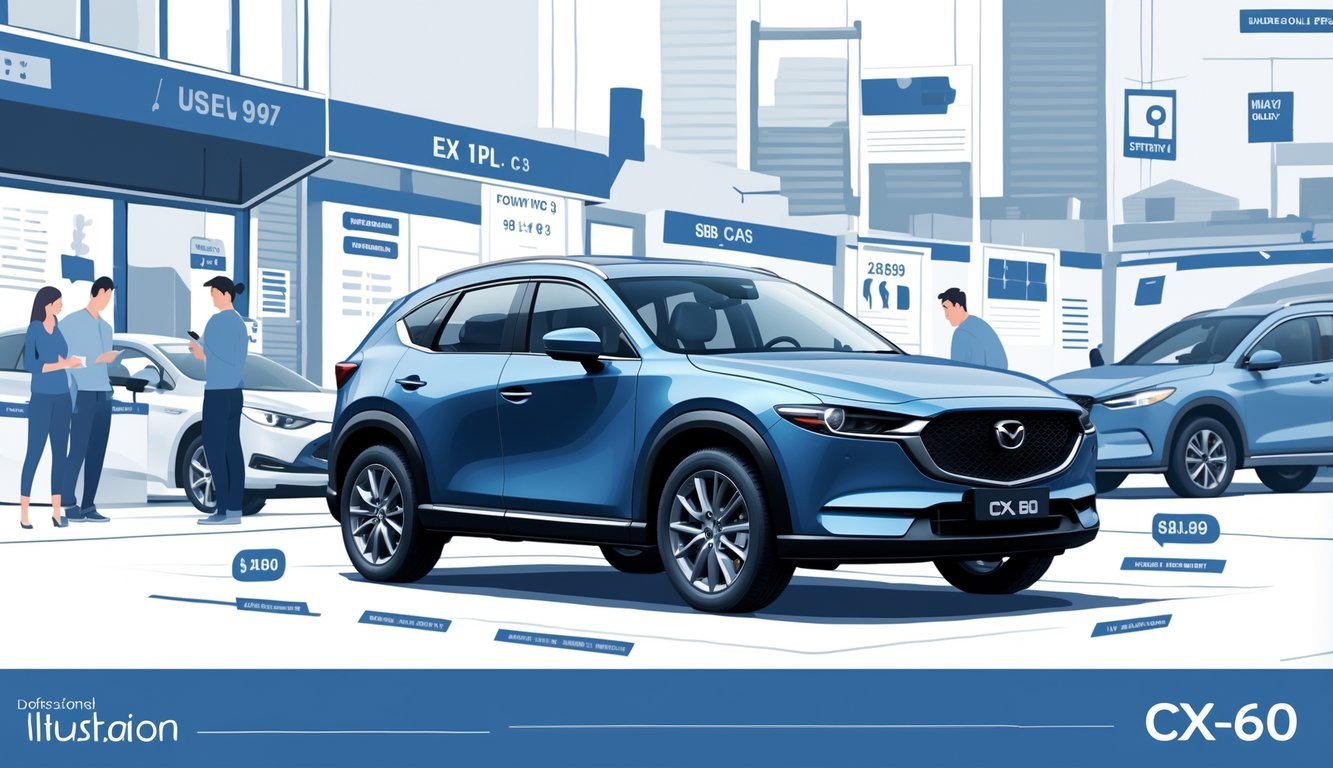 Prikaz modernog Mazda CX-60 automobila u gradskom okruženju s elementima koji predstavljaju opremu i tržište rabljenih vozila.