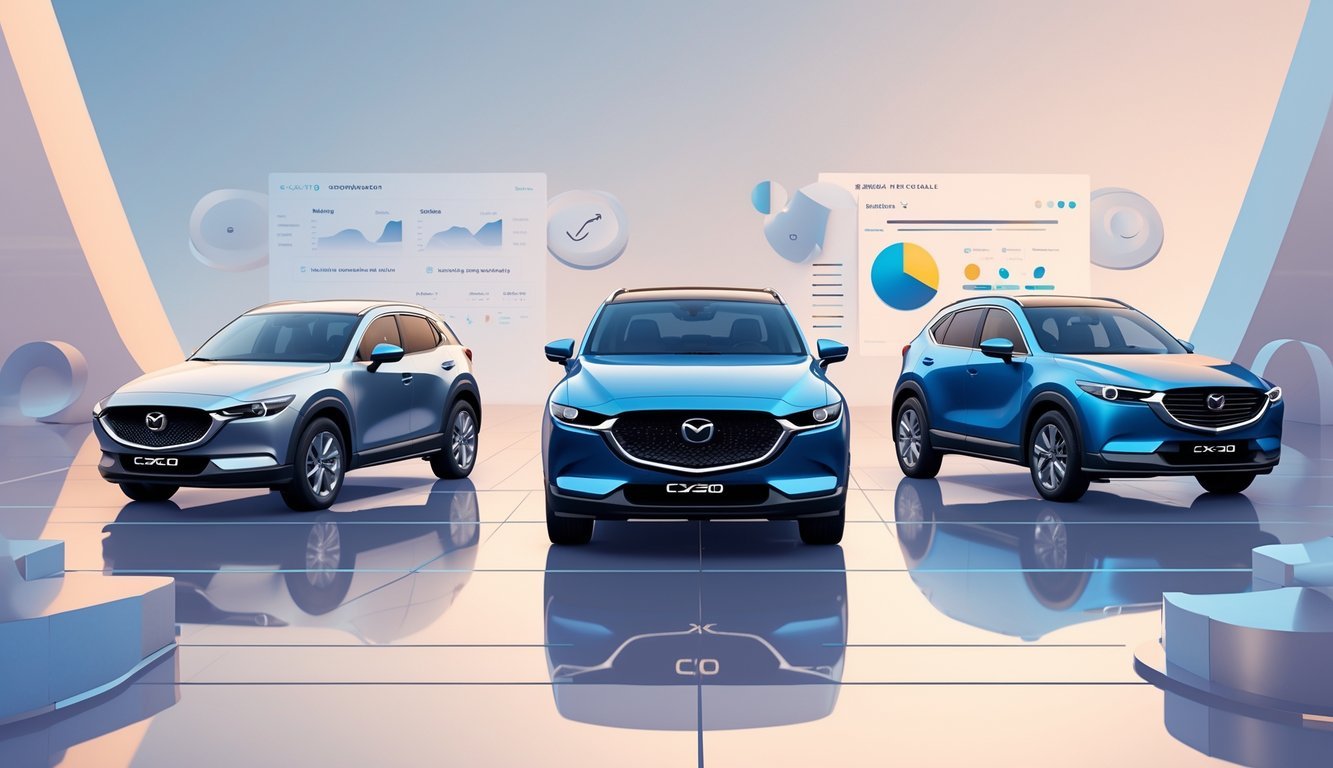 Tri suv vozila postavljena jedno pored drugog na reflektirajućoj površini, s Mazdom CX-60 u sredini i simbolima usporedbe oko njih.