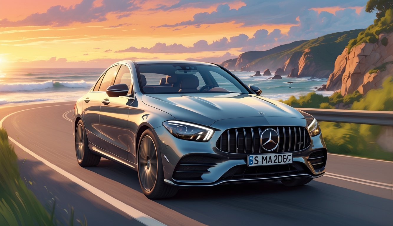 Mercedes C200d na obalnoj cesti tijekom zalaska sunca, okružen prirodom i morem.