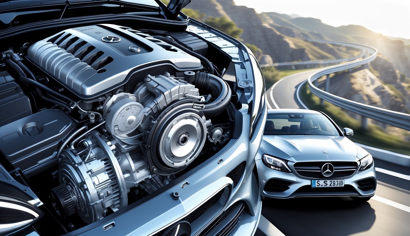 Detaljan prikaz motora i mjenjača Mercedesa C200d uz prikaz automobila na cesti.