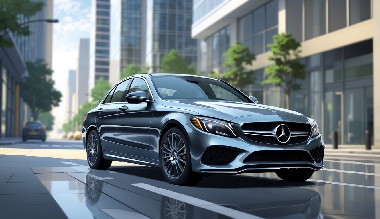 Mercedes C300d na modernoj gradskoj ulici bez ljudi.