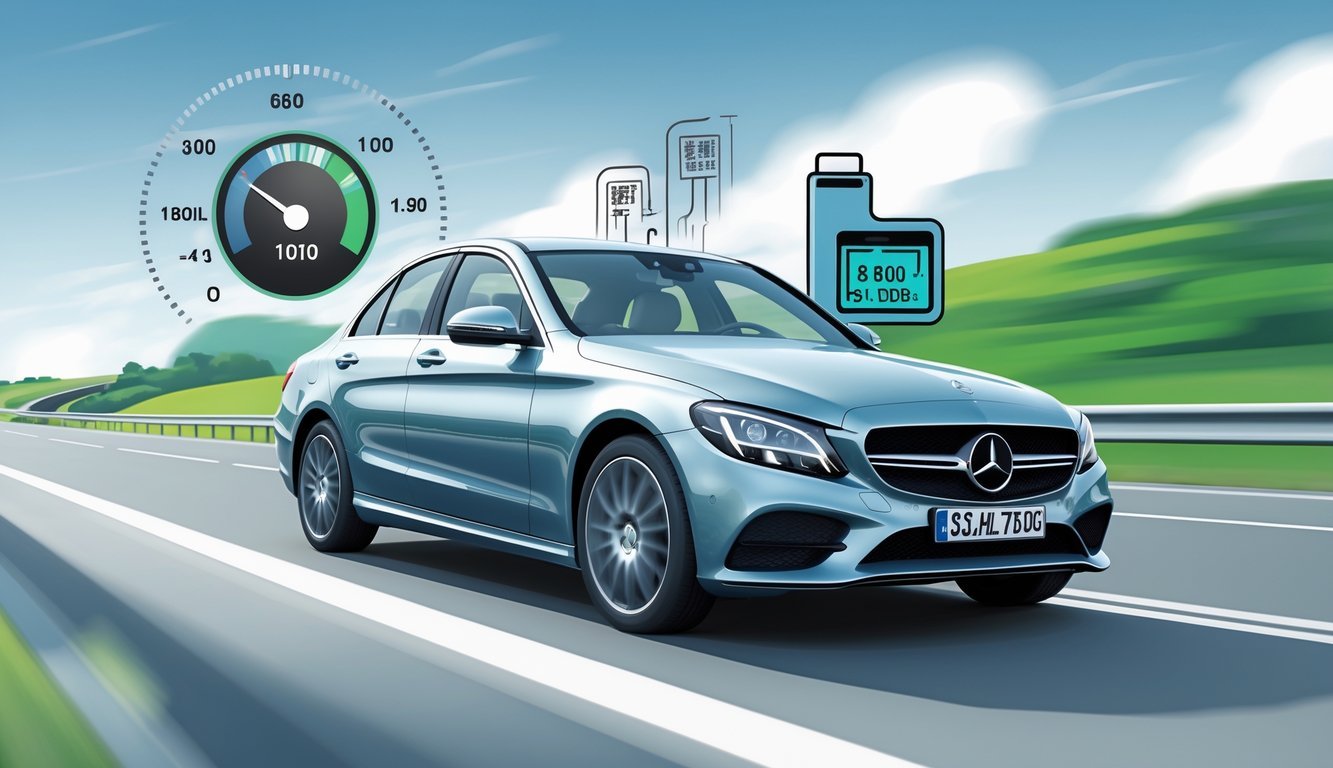 Mercedes-Benz C200d na cesti s prikazom elemenata koji simboliziraju potrošnju goriva i troškove vožnje.