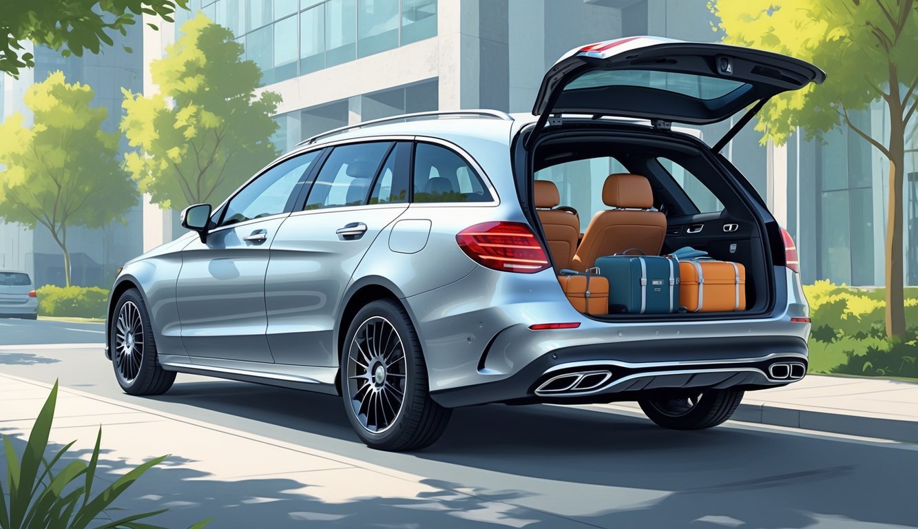 Mercedes C220d karavan s otvorenim vratima i prtljažnikom, prikazujući prostran i udoban interijer s prtljagom, parkiran u urbanom okruženju.