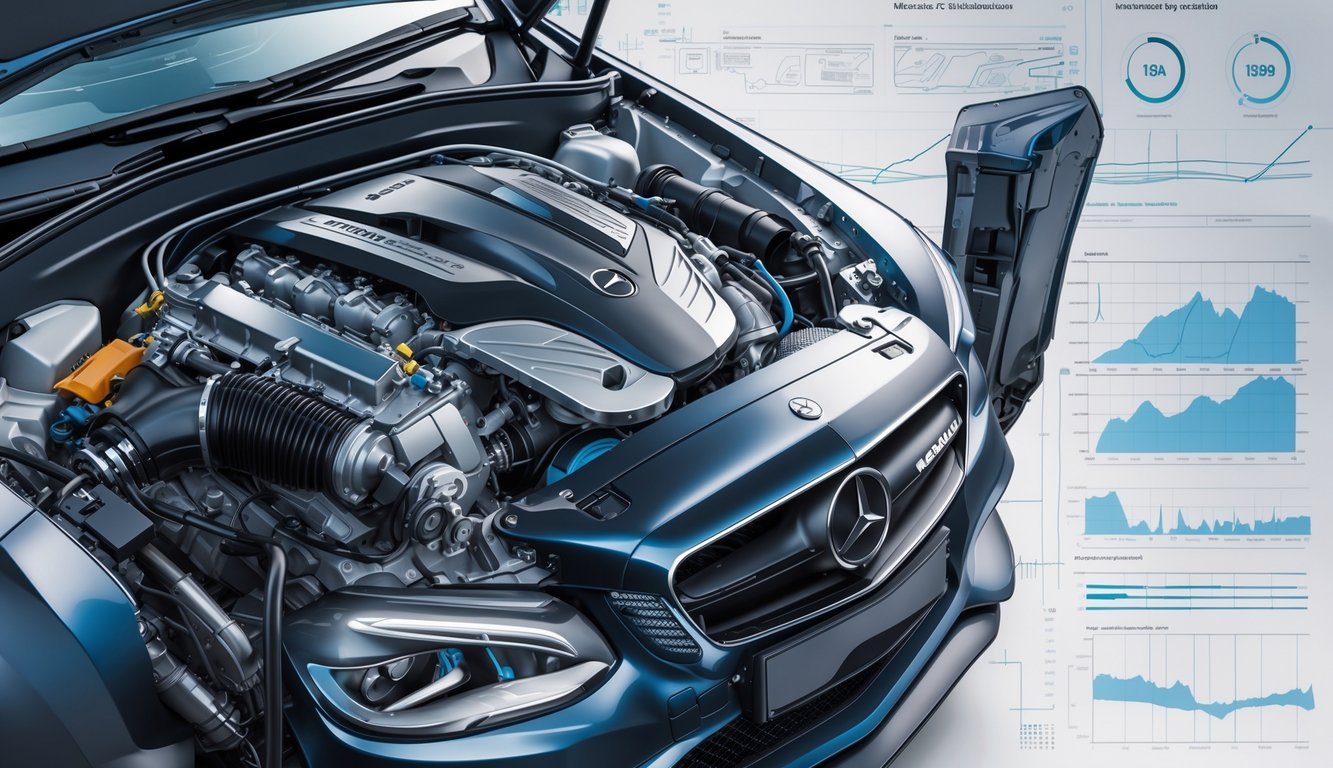 Ilustracija motora, performansi i mjenjača Mercedes C300d automobila s prikazom ključnih dijelova.