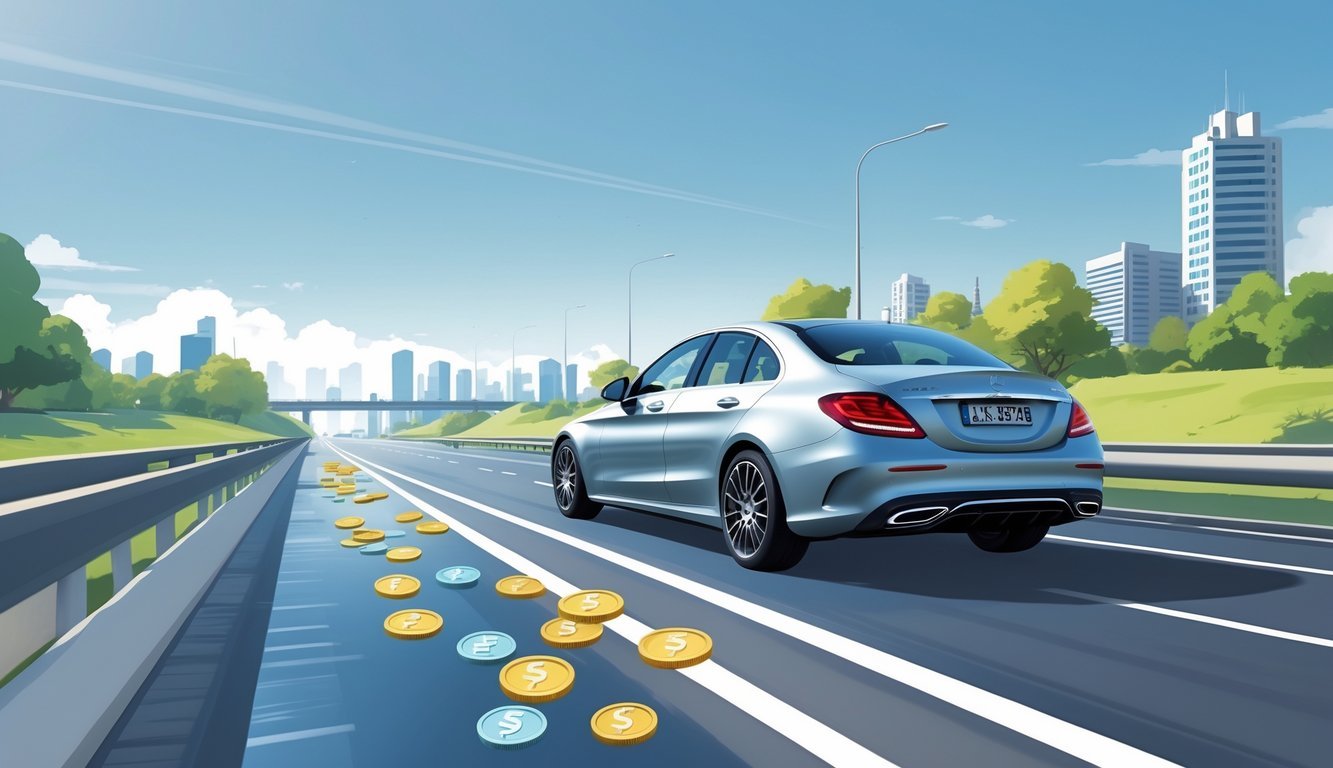 Mercedes-Benz C300d automobil vozi se cestom s prikazom simbola potrošnje goriva i troškova vožnje u pozadini.