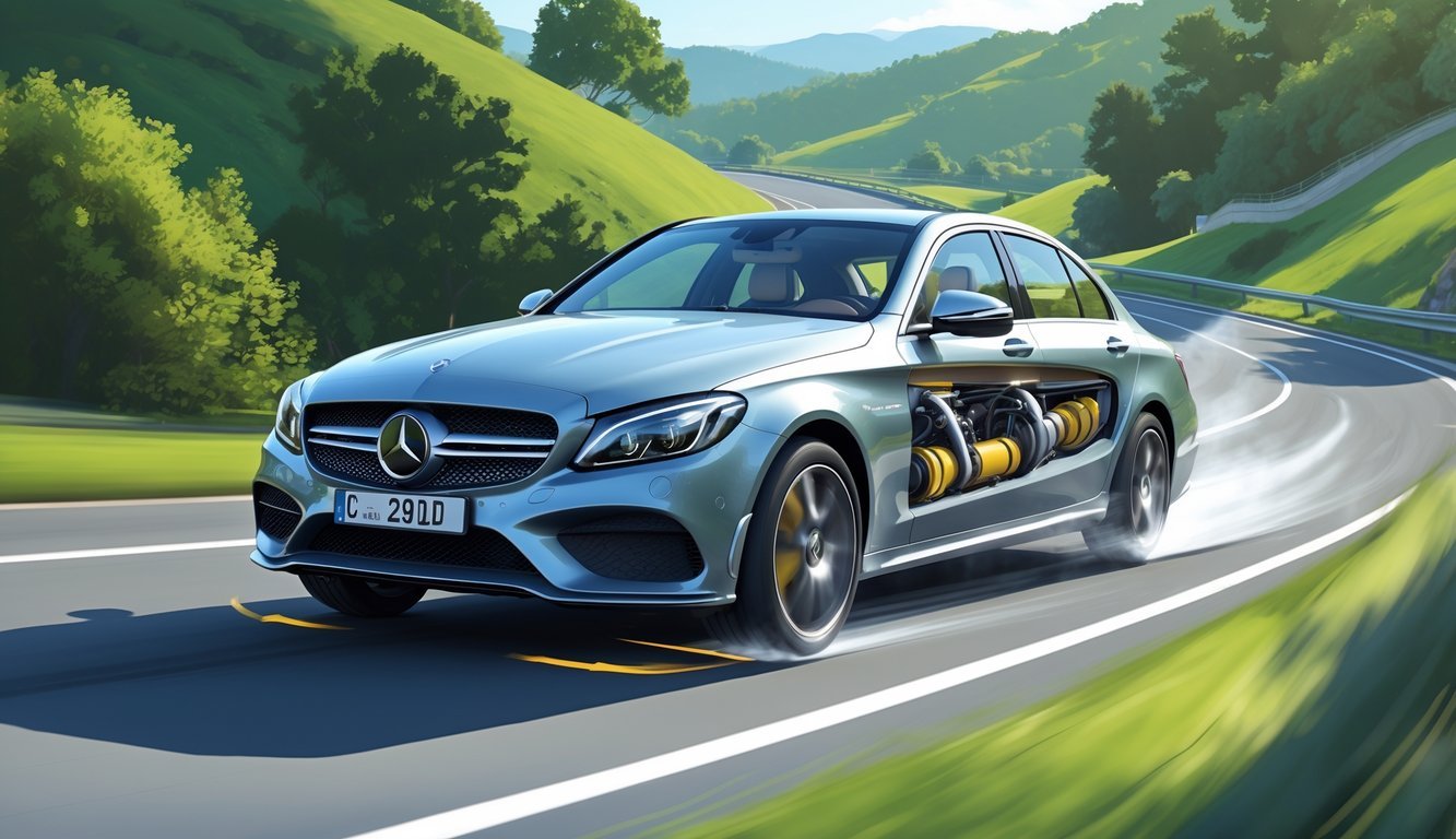 Mercedes C200d automobil u vožnji na zavojitoj cesti s prikazom ovjesa i vozačem koji upravlja vozilom.