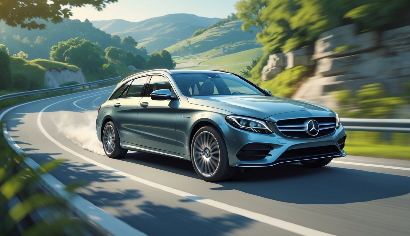 Mercedes-Benz C220d karavan vozi se cestom okruženom zelenilom i blagim brežuljcima.