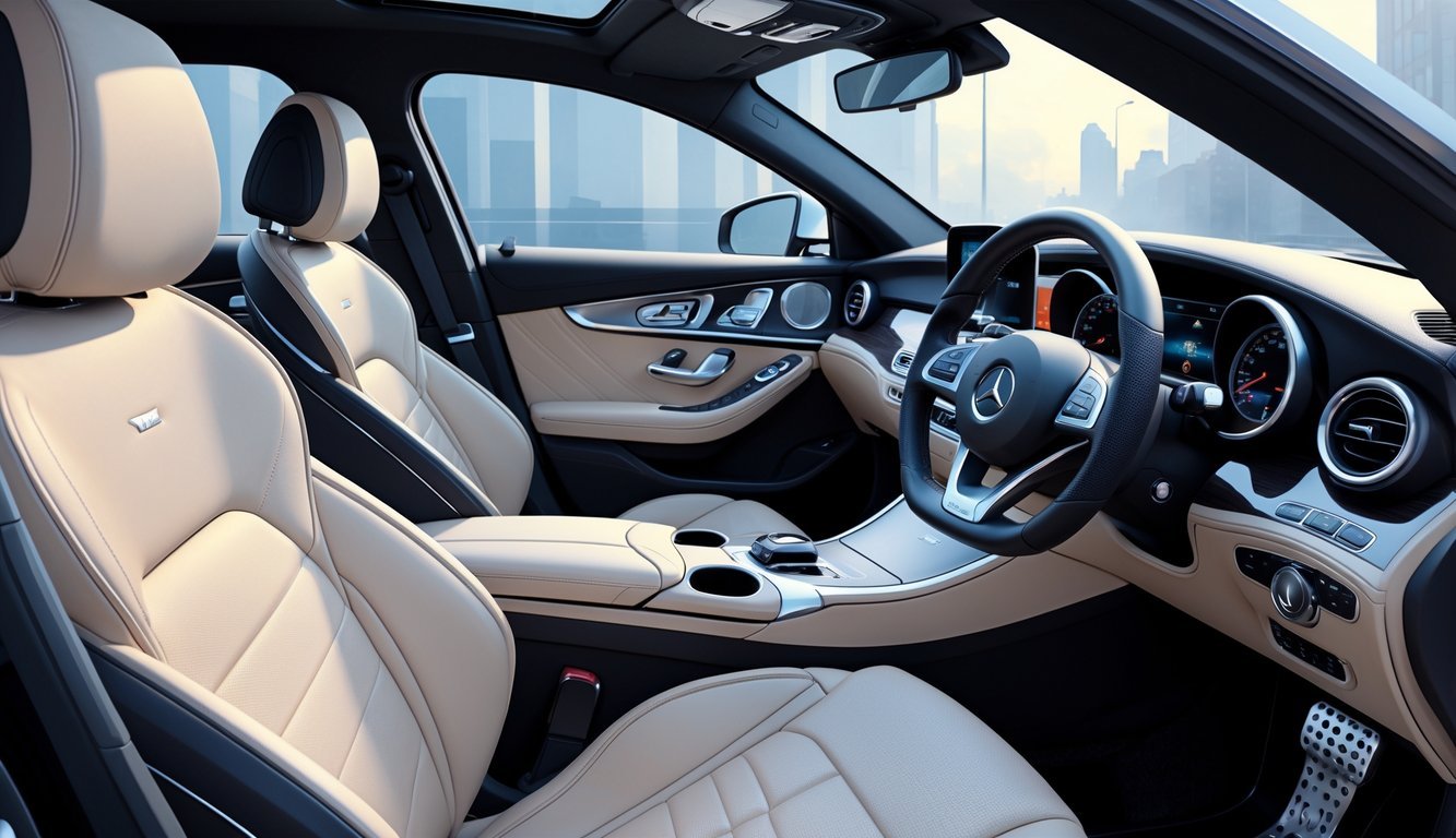 Unutrašnjost Mercedesa C300d s udobnim kožnim sjedalima, prostranim prostorom i praktičnim detaljima.
