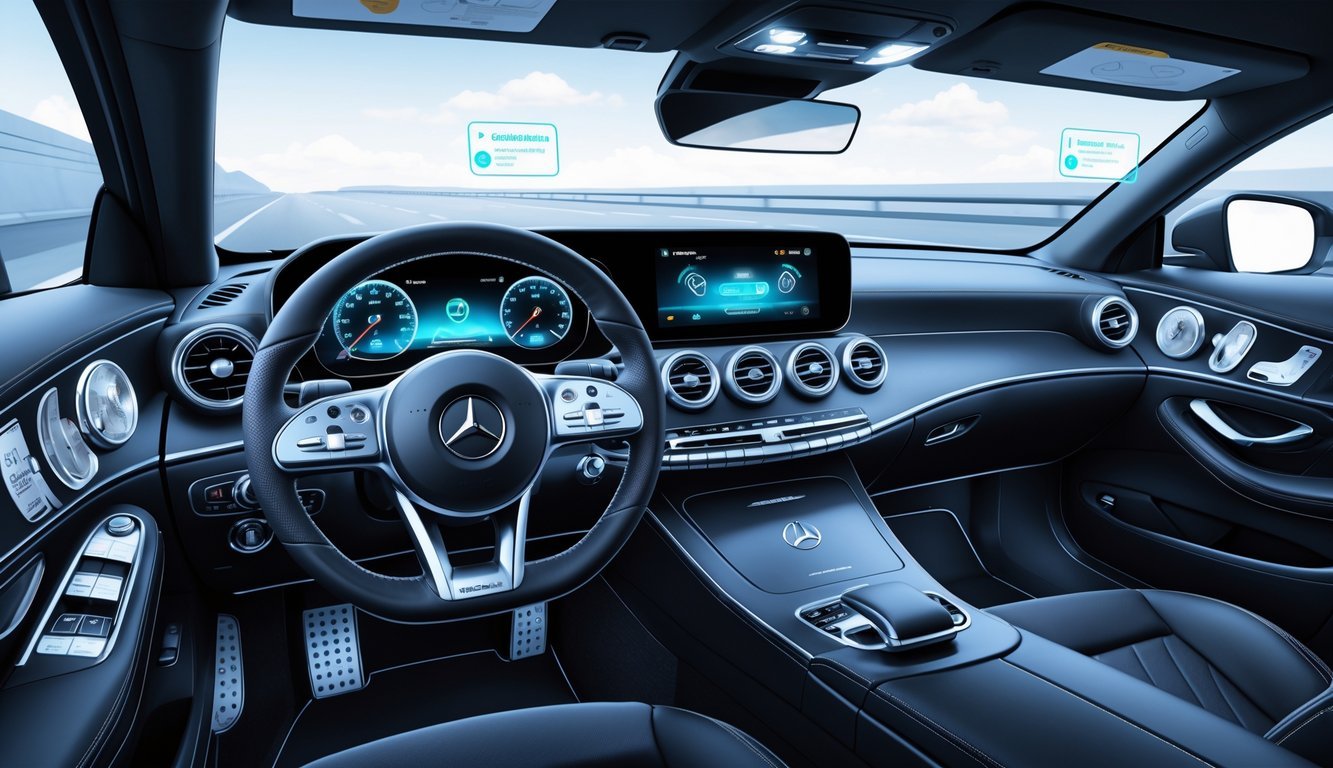 Unutrašnjost Mercedesa C200d s prikazom sigurnosnih i pomoćnih sustava vozaču na instrument tabli.